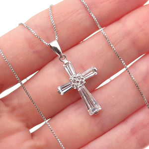 925 Sterling Round & Tapered Baguette-Cut C Z Cross Box Chain Necklace 18"
