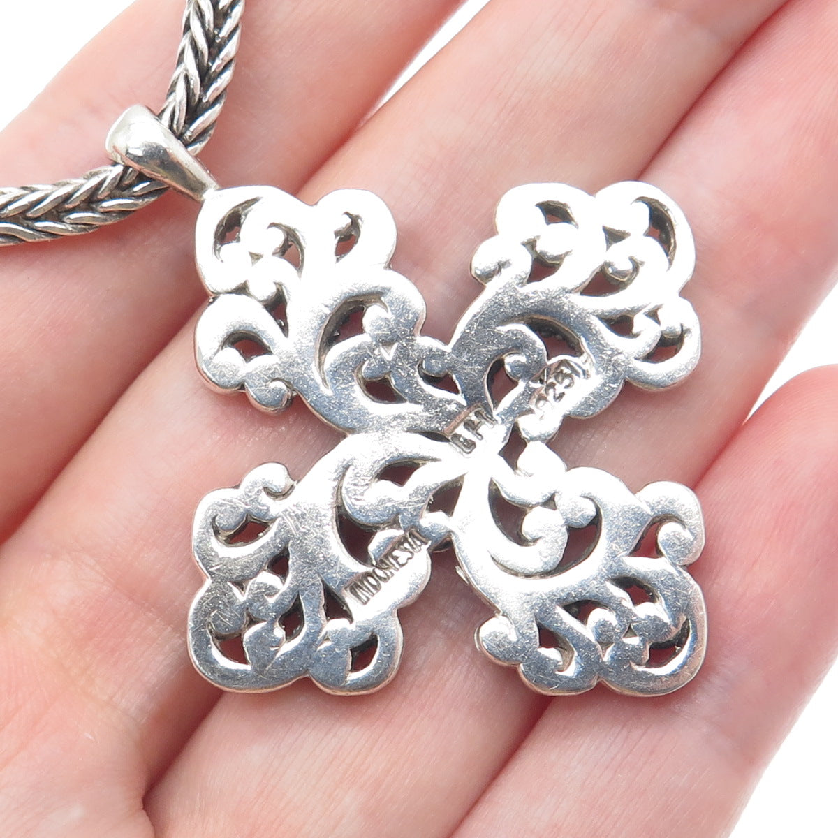 LOIS HILL Sterling Silver Vintage Granulated Cross Spiga Chain Necklace 16-18"