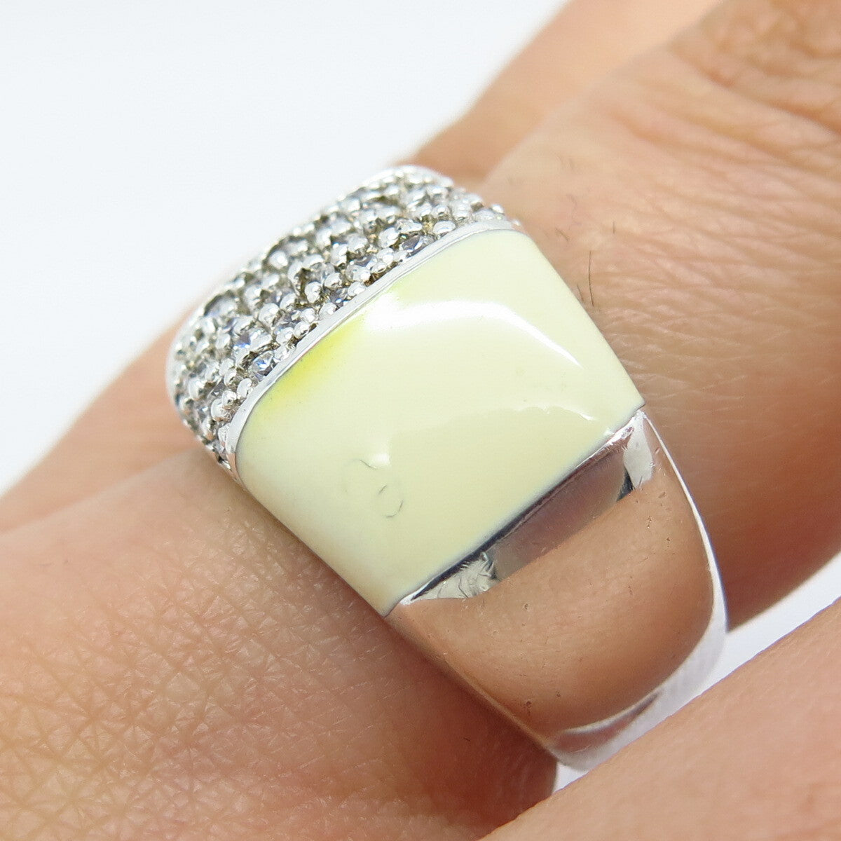 925 Sterling Silver White Onyx Imitation & C Z Ring Size 7.25