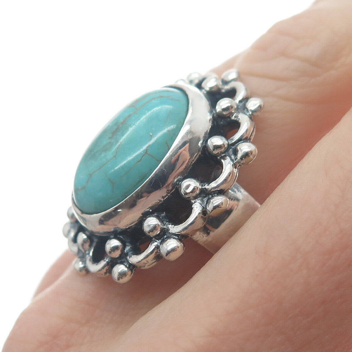925 Sterling Silver Vintage Mountain Turquoise Flower Oxidized Ring Size 8.75