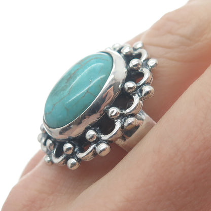 925 Sterling Silver Vintage Mountain Turquoise Flower Oxidized Ring Size 8.75