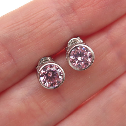 925 Sterling Silver Round-Cut Pink C Z Stud Earrings