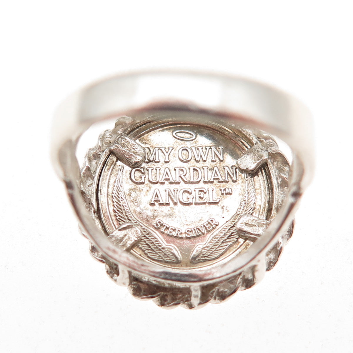 925 Sterling Silver Vintage Guardian Angel Coin Oxidized Ring Size 5.5