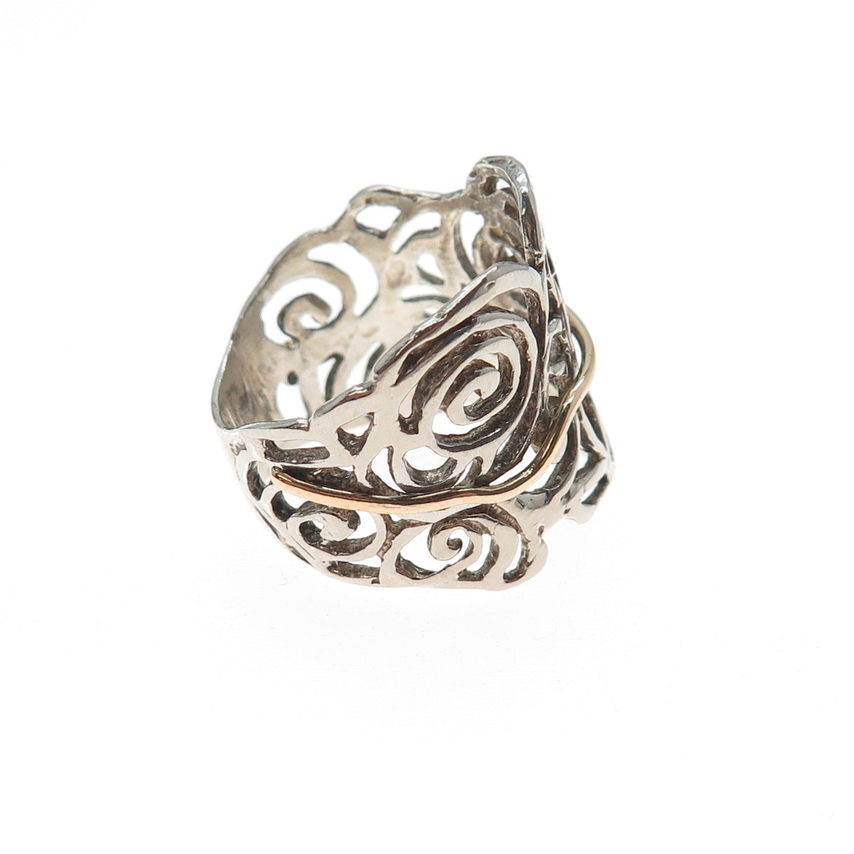 925 Sterling Silver 2-Tone Vintage Modernist Rose Flower Ring Size 7.25