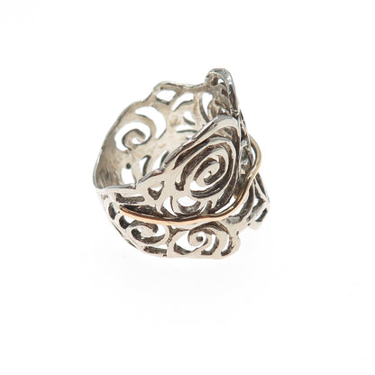 925 Sterling Silver 2-Tone Vintage Modernist Rose Flower Ring Size 7.25