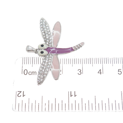 925 Sterling Silver Round-Cut Shaped C Z & Colorful Enamel Dragonfly Pendant
