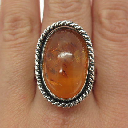 925 Sterling Silver Vintage Real Baltic Amber Modernist Ring Size 11