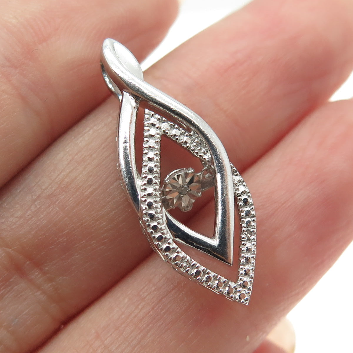 925 Sterling Silver Real White Diamond Accent Modernist Slide Pendant