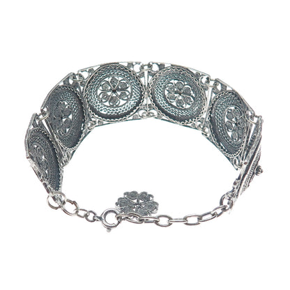 925 Sterling Silver Antique Flower Filigree Panel Link Oxidized Bracelet 7-8"