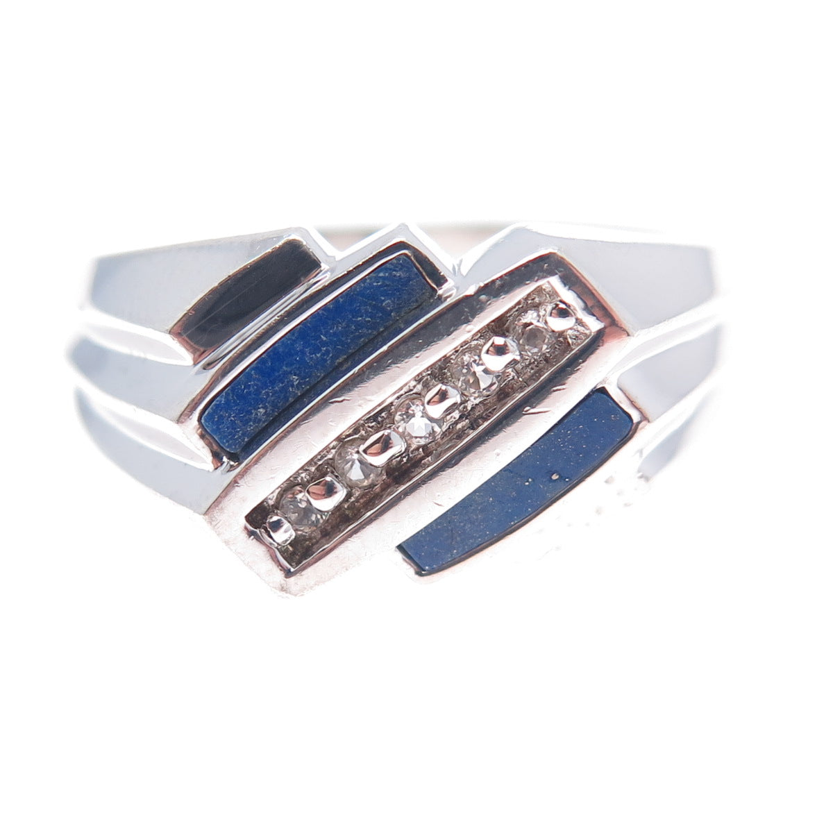 925 Sterling Silver Real Lapis Lazuli & White Topaz Modernist Ring Size 12.25