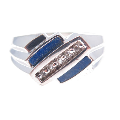 925 Sterling Silver Real Lapis Lazuli & White Topaz Modernist Ring Size 12.25