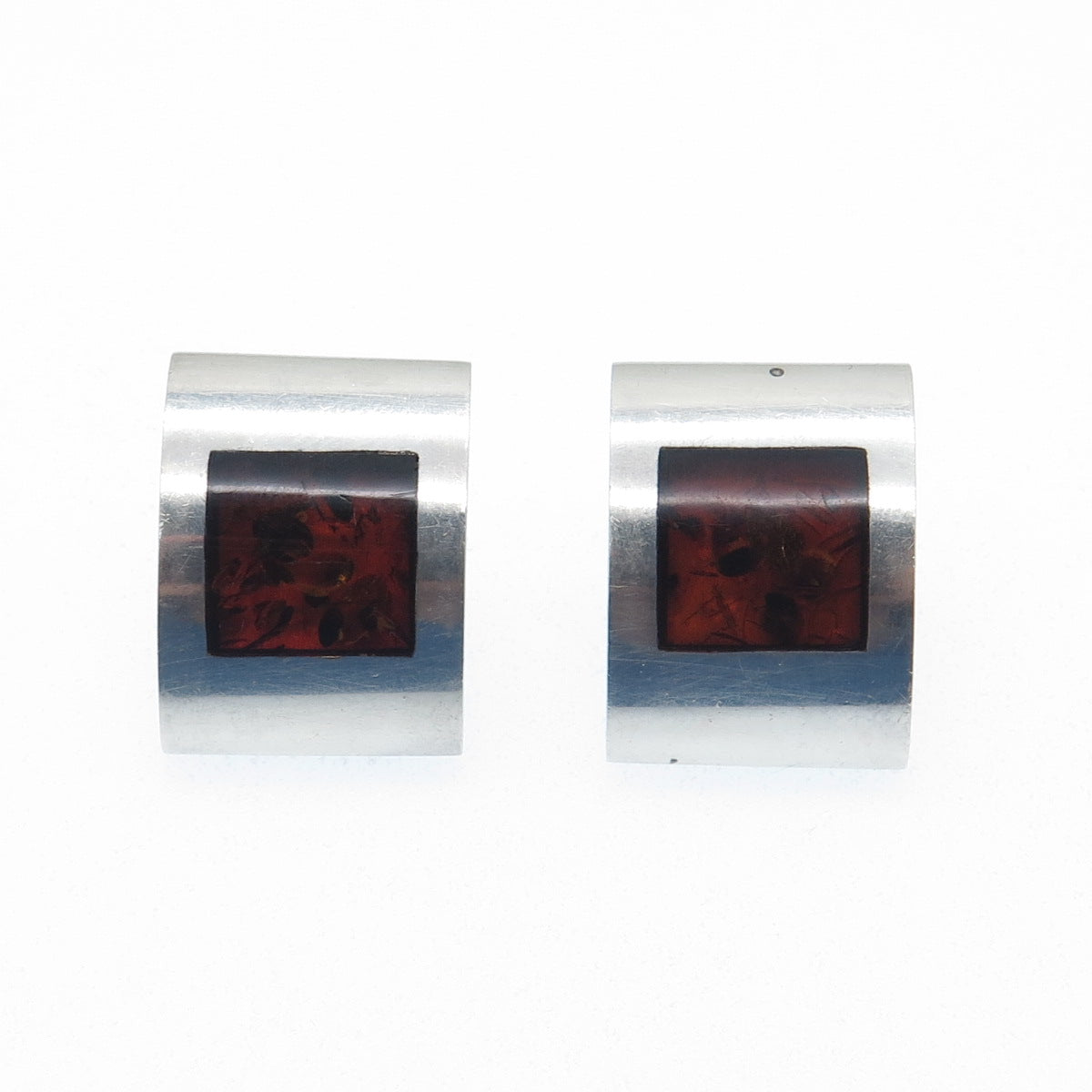 925 Sterling Silver Vintage Real Amber Modernist Earrings
