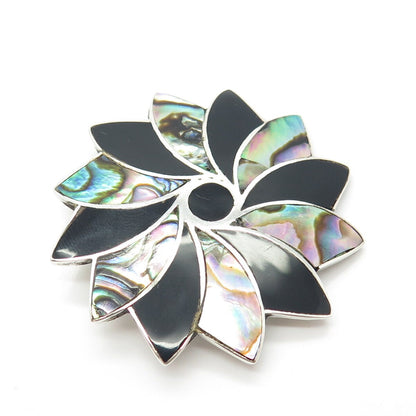 925 Sterling Silver Vintage Mexico Taxco Abalone Shell & Black Onyx Gem Brooch