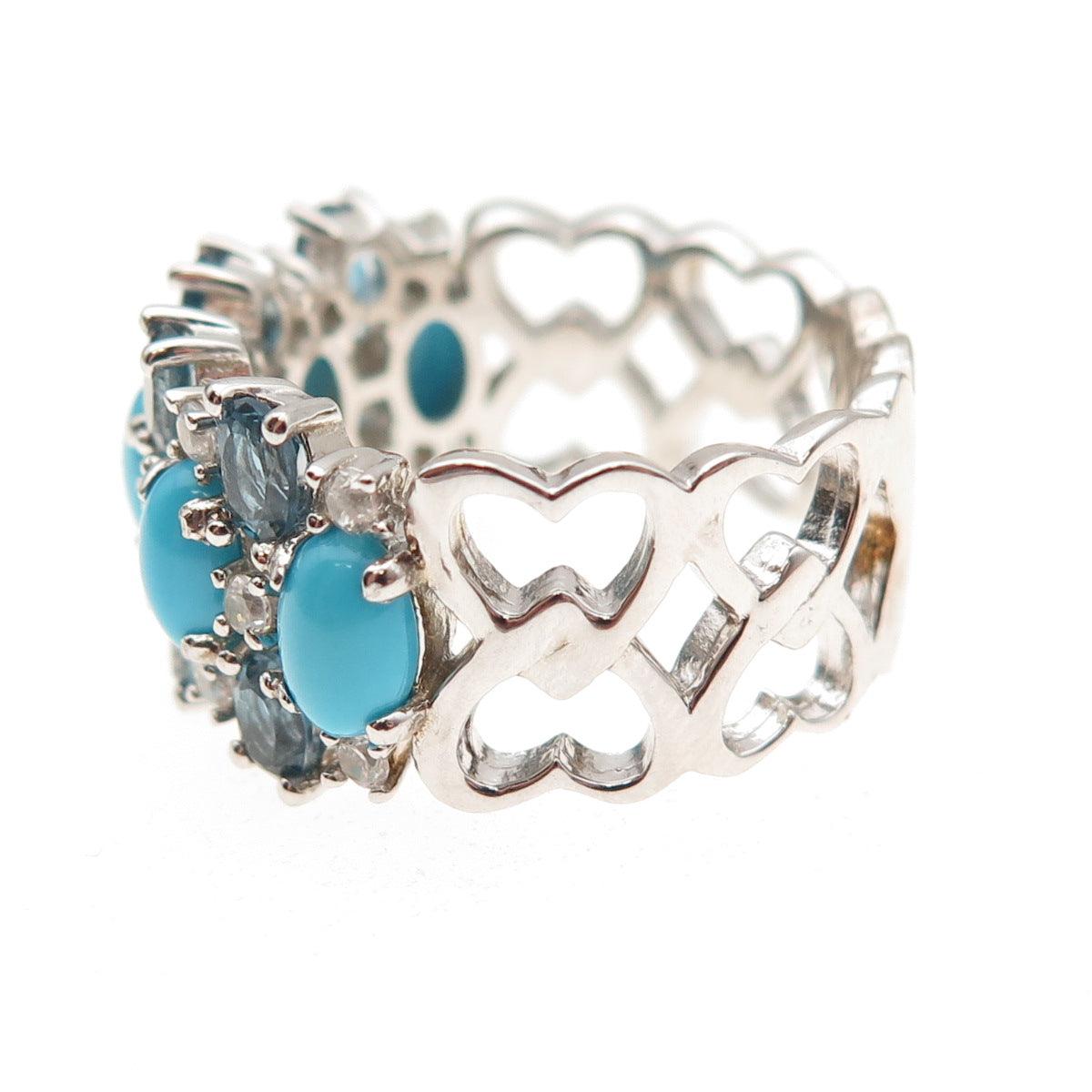 Pinctore Sterling Silver Real Turquoise London Blue & White Topaz Ring Size 8.25