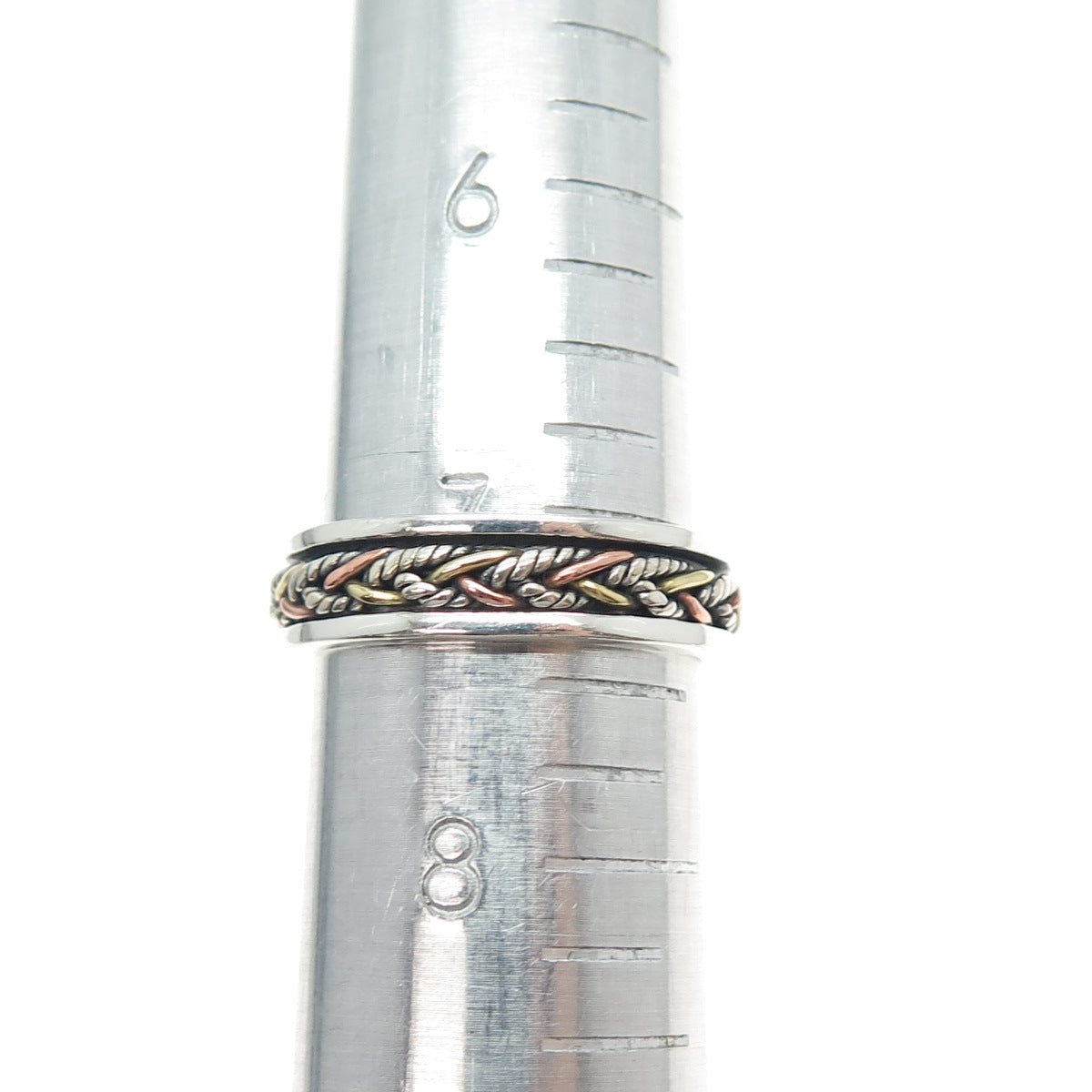 ENERGY STONE 925 Sterling Silver 3-Tone Vintage Braided Spinner Ring Size 7.5
