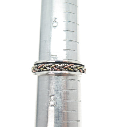 ENERGY STONE 925 Sterling Silver 3-Tone Vintage Braided Spinner Ring Size 7.5