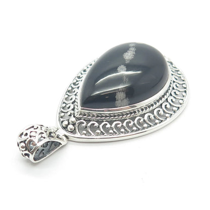 925 Sterling Silver Vintage Real Snowflake Obsidian Gem Teardrop Pendant