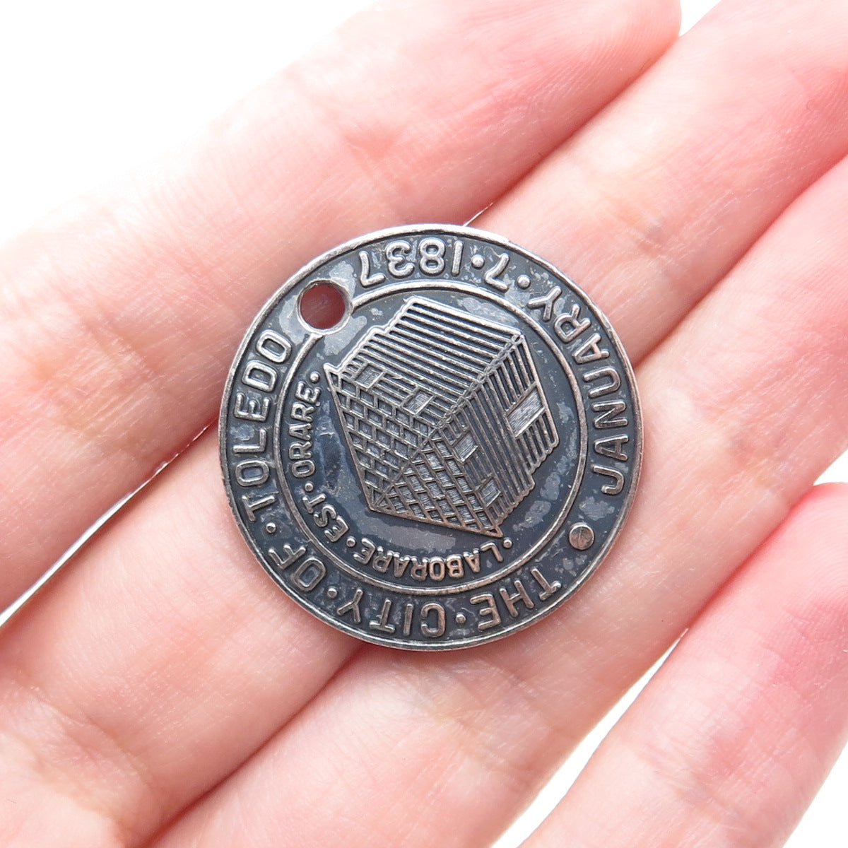 925 Sterling Silver Vintage The City of Toledo Jan 7 1837 Oxidized Charm Pendant