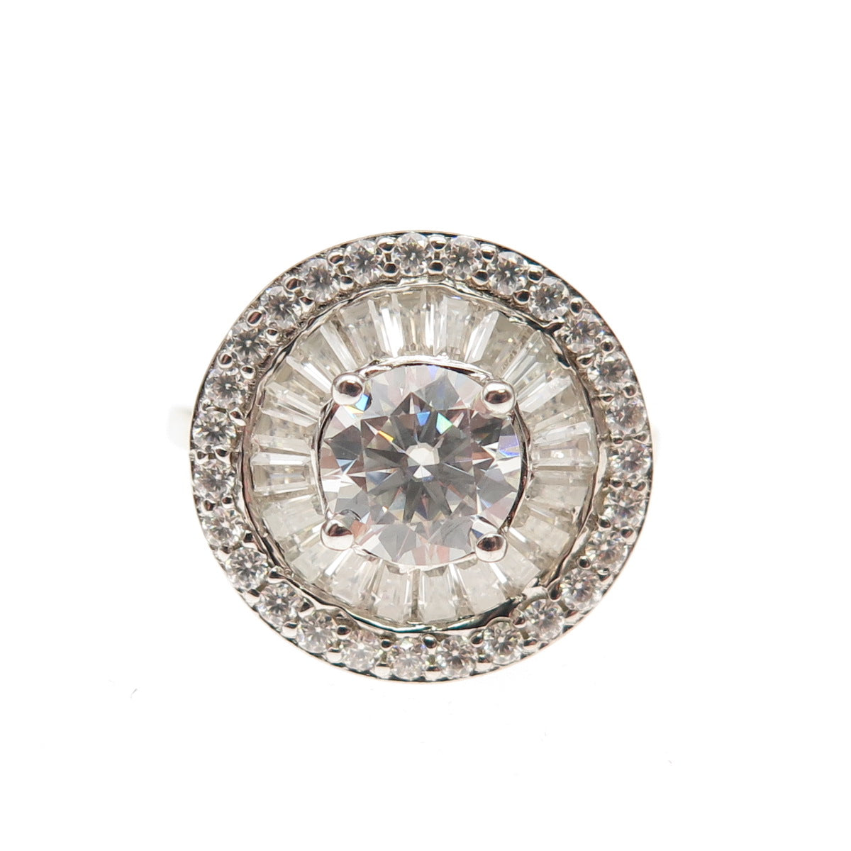 D'JOY Sterling Silver Real Round & Tapered Baguette-Cut Moissanite Ring Size 5