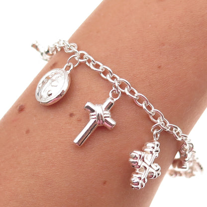 Jacmel Mauritius 925 Sterling Silver Vintage Cross Dangle Charms Bracelet 7.75"