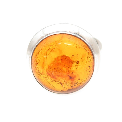 925 Sterling Silver Vintage Real Amber Modernist Oxidized Ring Size 6