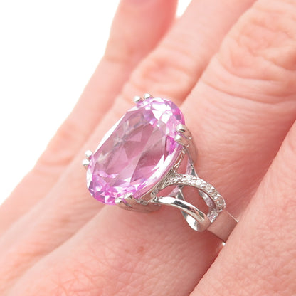 925 Sterling Silver Real Round-Cut Diamond & Oval-Cut Pink Topaz Ring Size 7