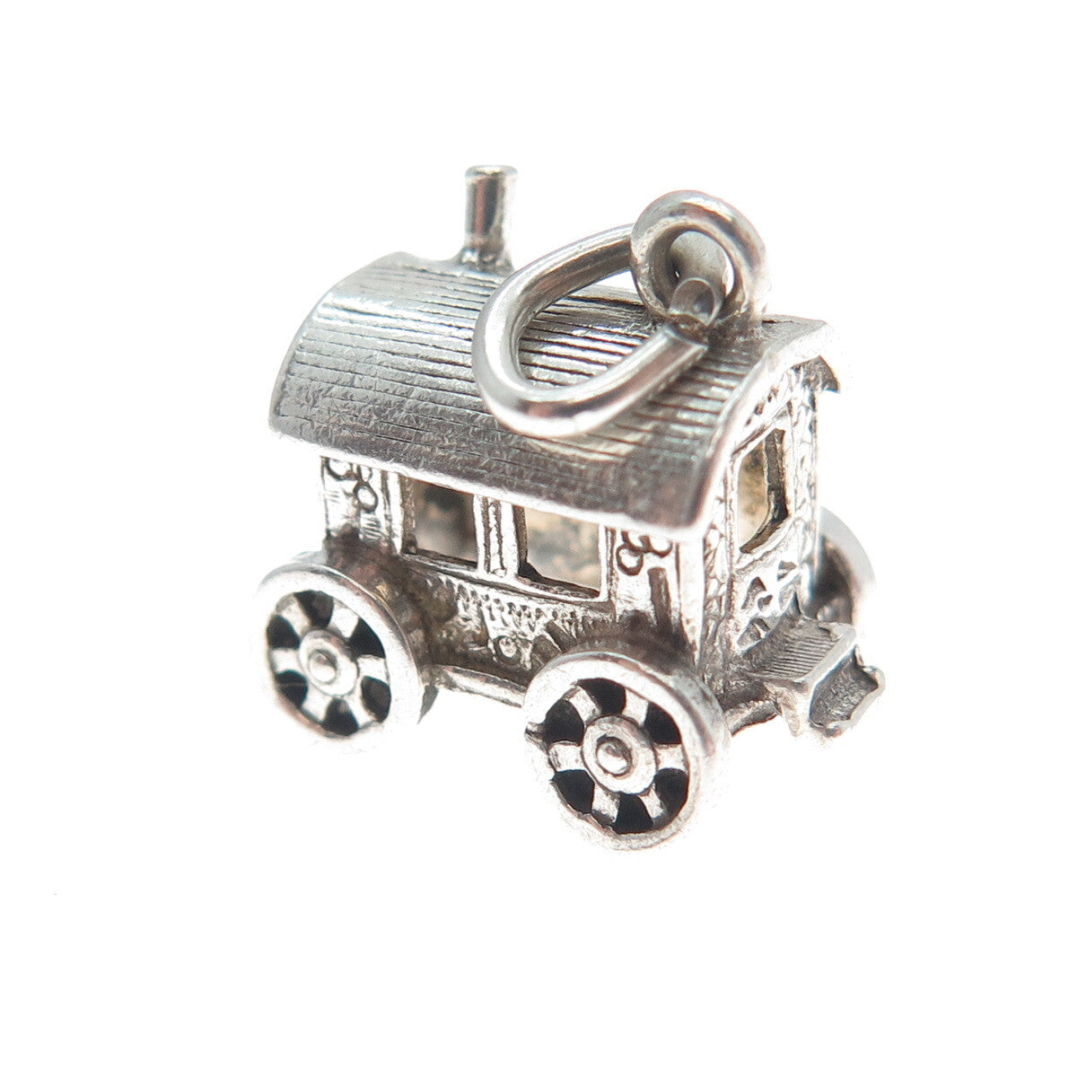 925 Sterling Silver Vintage Carriage Oxidized Minimalist 3D Charm Pendant