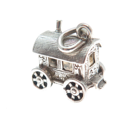 925 Sterling Silver Vintage Carriage Oxidized Minimalist 3D Charm Pendant