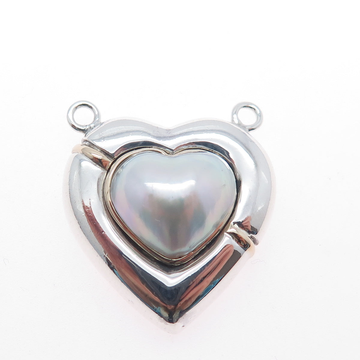925 Sterling Silver 14K Gold Vintage Real Pearl Heart Centerpiece Slide Pendant
