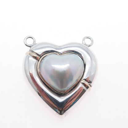 925 Sterling Silver 14K Gold Vintage Real Pearl Heart Centerpiece Slide Pendant