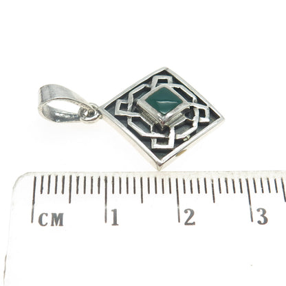 925 Sterling Silver Vintage Real Green Onyx Geometric Maze Pendant