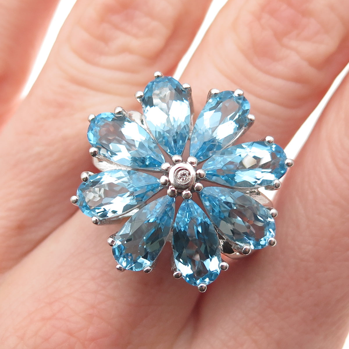 925 Sterling Silver Real Diamond & Swiss Blue Topaz Floral Ring Size 7.25