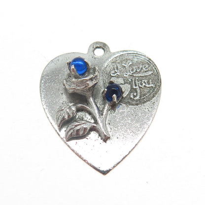 925 Sterling Silver Vintage M&M Blue Glass "I Love You" Rose Heart Pendant