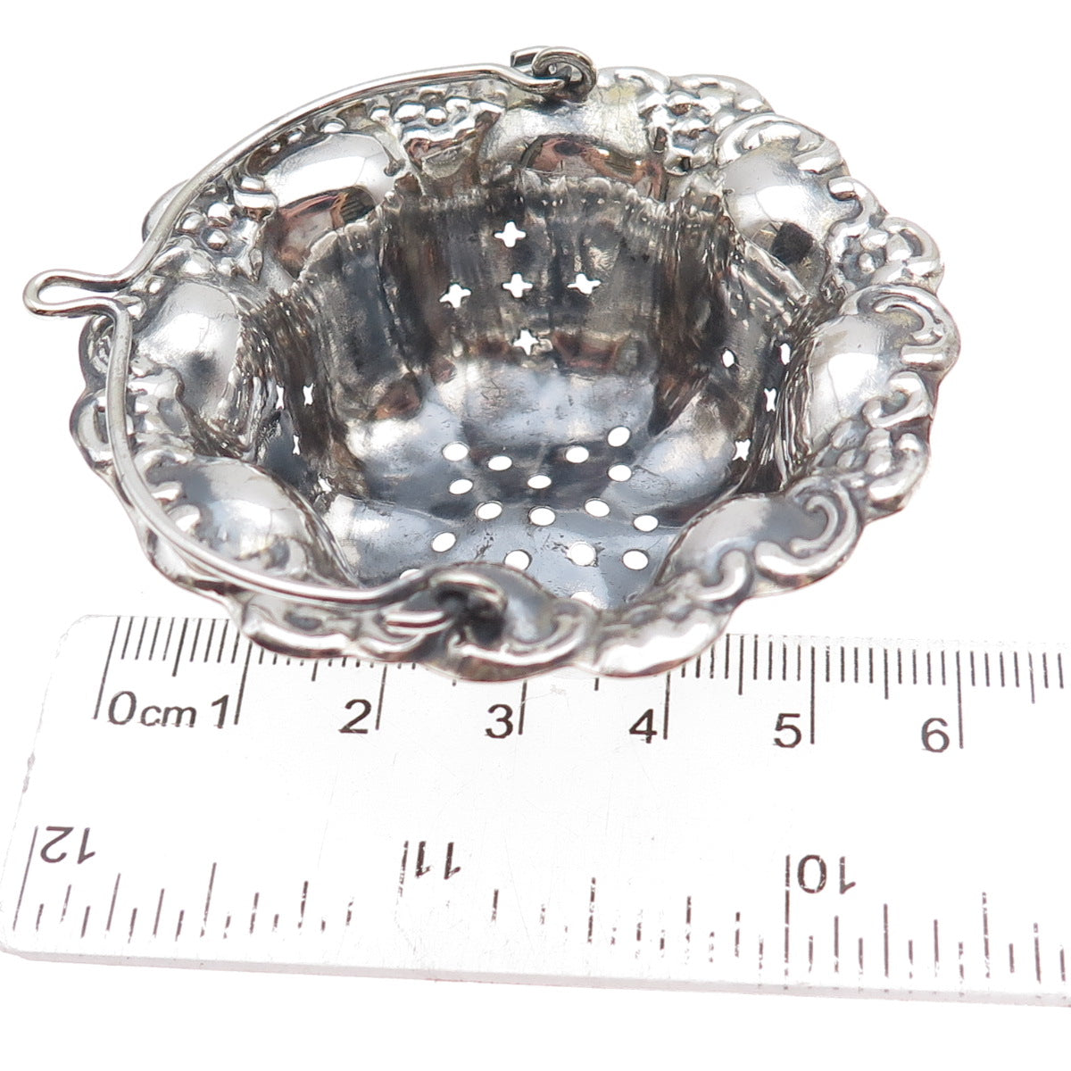 Silver-Tone Antique Art Deco Oxidized Repousse Tea Strainer Basket