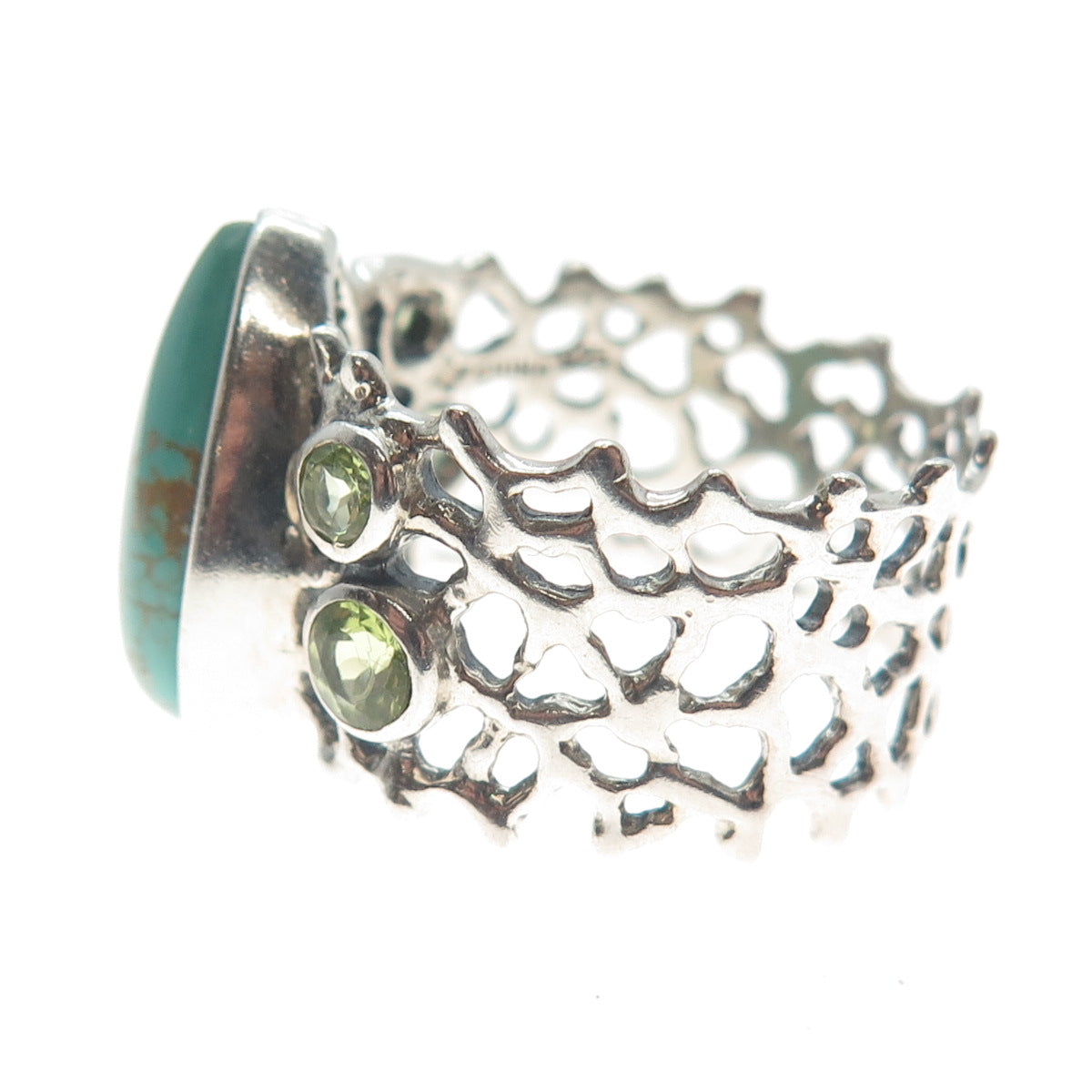 SUN WEST 925 Sterling Vintage Lone Mountain Turquoise & Peridot Ring Size 11.5