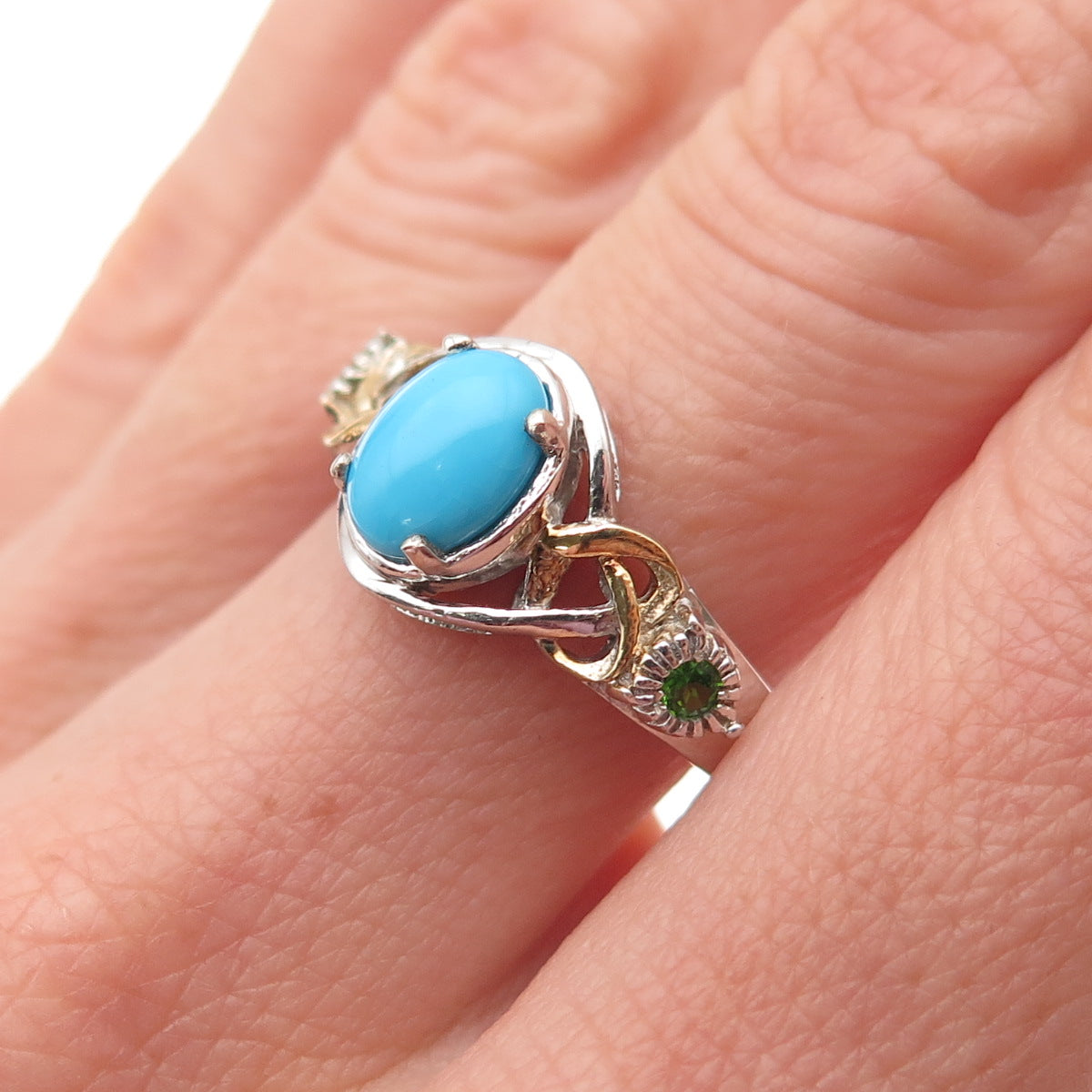 Chuck Clemency 925 Sterling Silver 2-Tone Real Turquoise & Peridot Ring Size 8