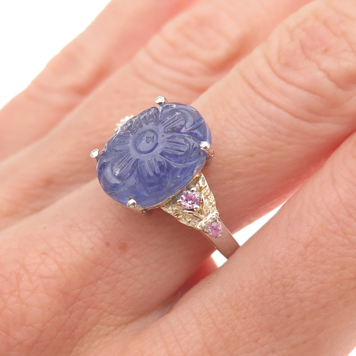 Chuck Clemency 925 Sterling 2-Tone Real Tanzanite & Pink Topaz Ring Size 8.25