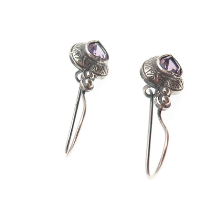 925 Sterling Silver Vintage Real Amethyst Heart Dangle Earrings