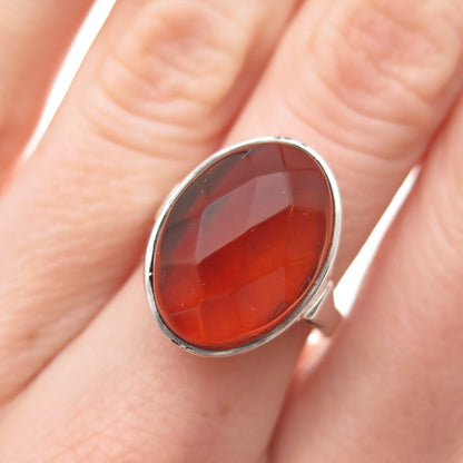 925 Sterling Silver Vintage LJ Poland Real Amber Modernist Ring Size 6.25