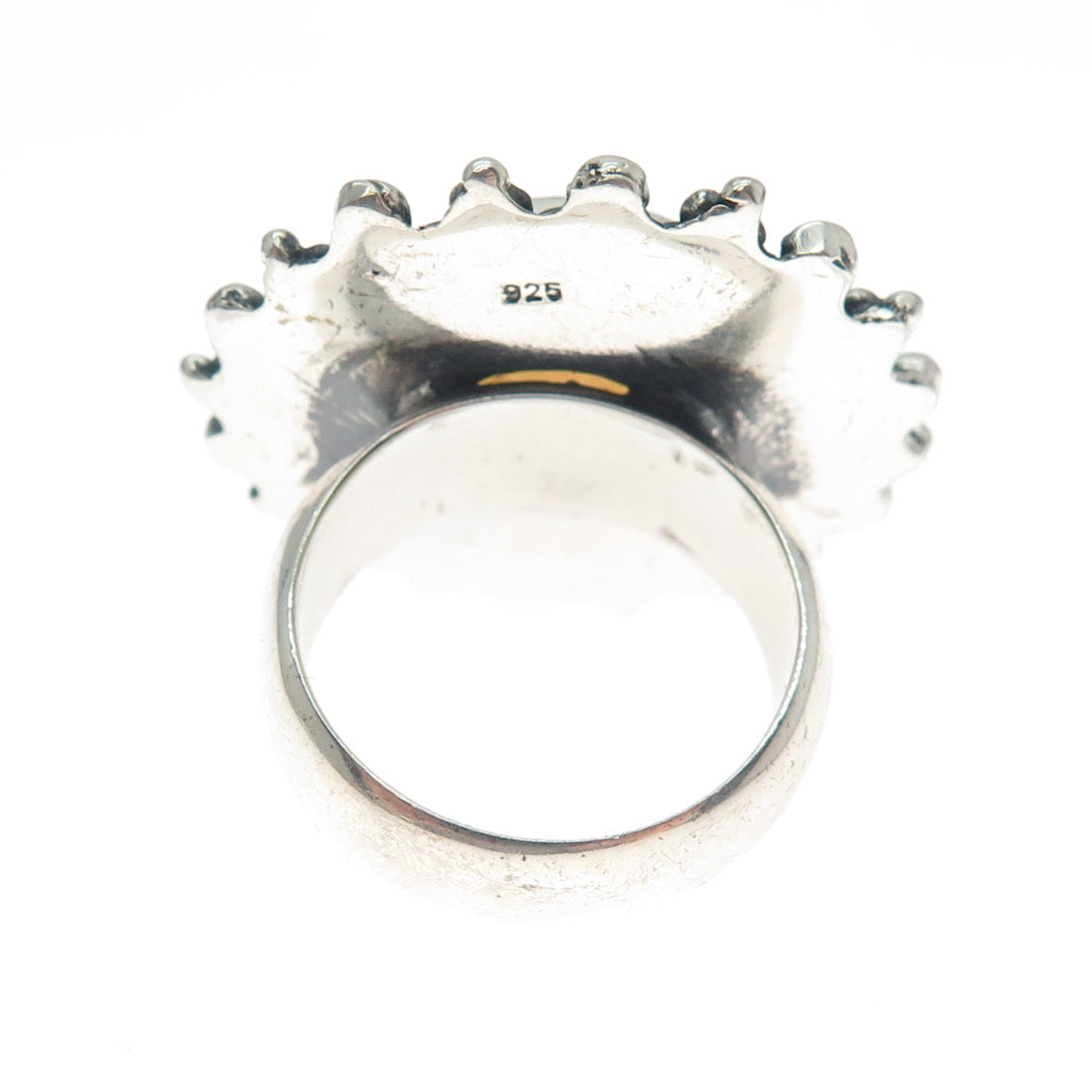 925 Sterling Silver Vintage Real Opalite Roped Beaded Sun Oxidized Ring Size 8.5