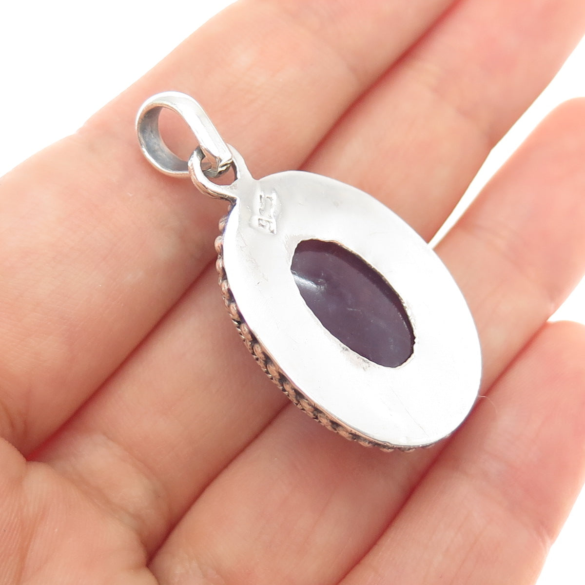 925 Sterling Silver Vintage Real Cabochon Amethyst Charm Pendant