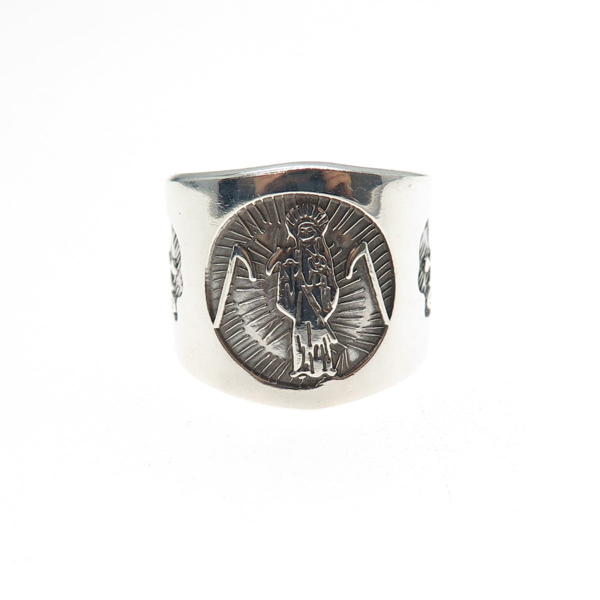 925 Sterling Silver Vintage Santa Muerte Oxidized Ring Size 7.25