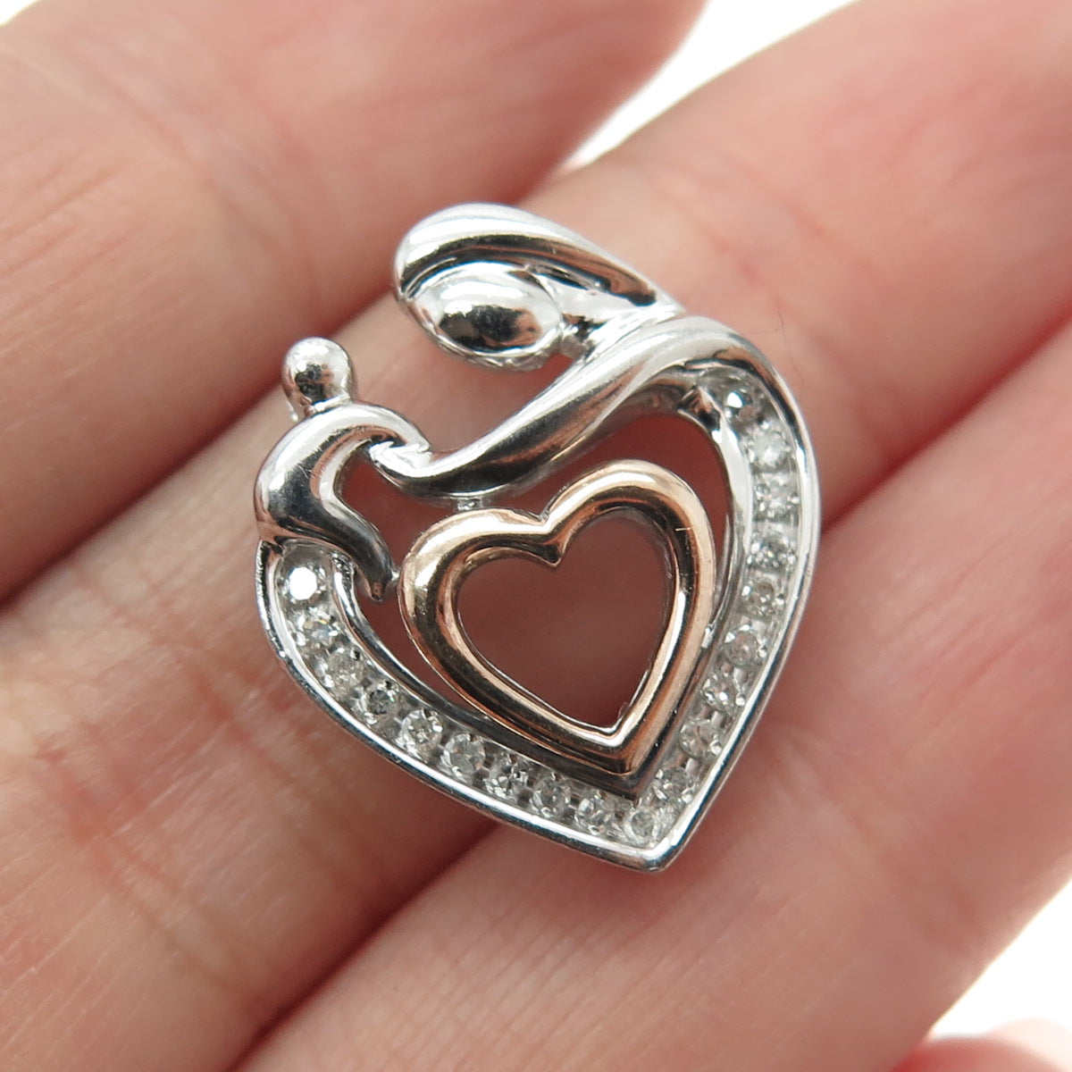 SUN 925 Sterling Silver & 14K Rose Gold Diamond Mom & Child Heart Slide Pendant