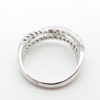 925 Sterling Silver Real Round-Cut Diamond Crisscross Ring Size 7.75
