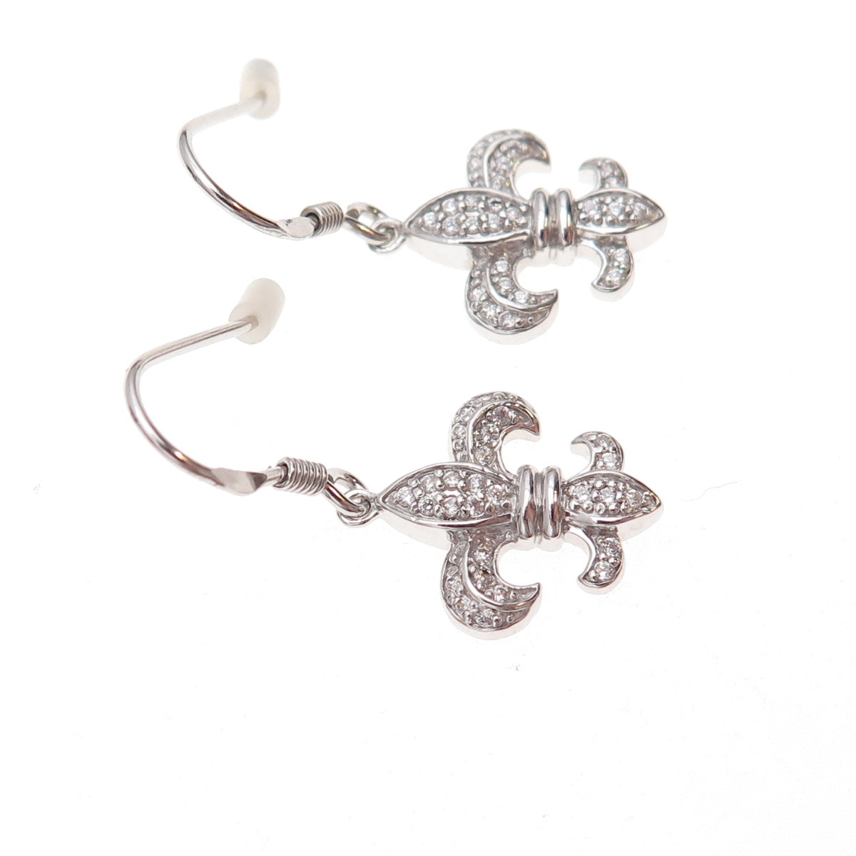 925 Sterling Silver Round-Cut C Z Fleur de Lis Dangle Earrings