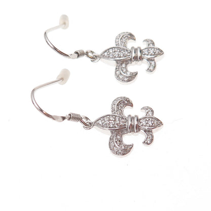 925 Sterling Silver Round-Cut C Z Fleur de Lis Dangle Earrings