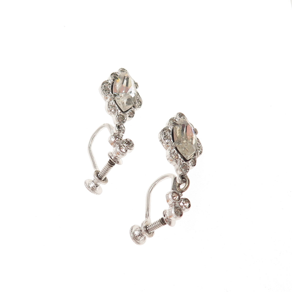 925 Sterling Silver Antique Art Deco Rhinestone Screw Back Dangle Earrings