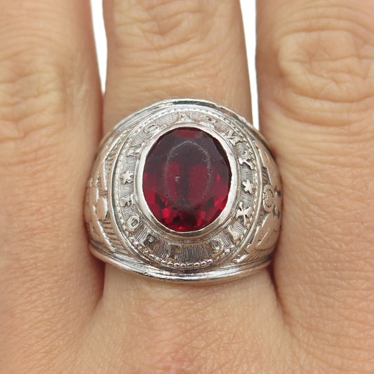 TAYLOR MAID 925 Sterling Silver Antique Art Deco Red Glass US Army Ring Size 10