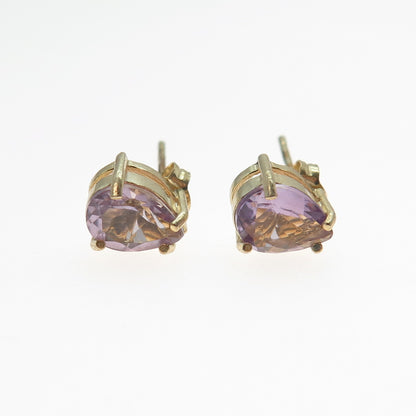925 Sterling Silver Gold Plated Real Pear-Cut Amethyst Stud Earrings