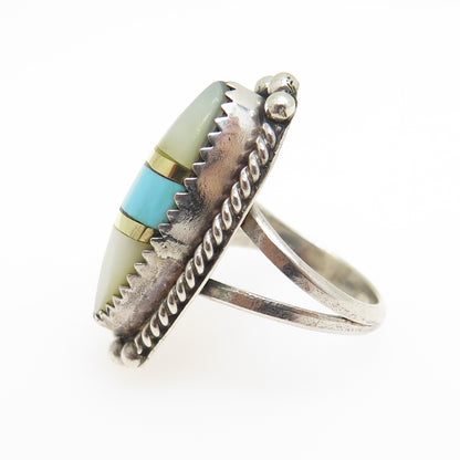 JONATHAN BEYUKA ZUNI Old Pawn 925 Sterling 2-Tone Turquoise & MOP Ring Size 4.75